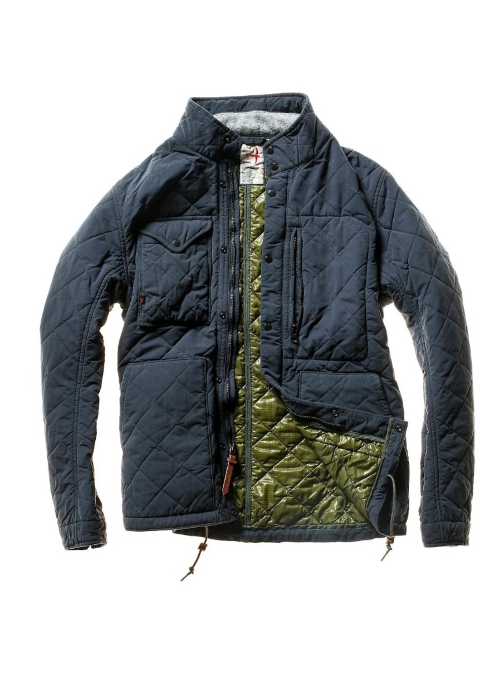 Men's Quilted Puffer Jacket - Navy with Olive Lining Relwen Large